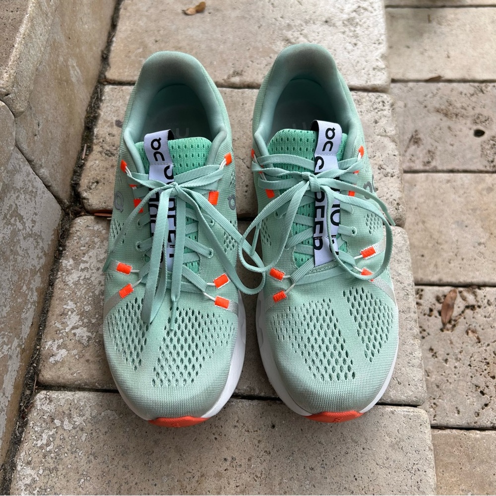On Running Mint Green and Orange Sneakers